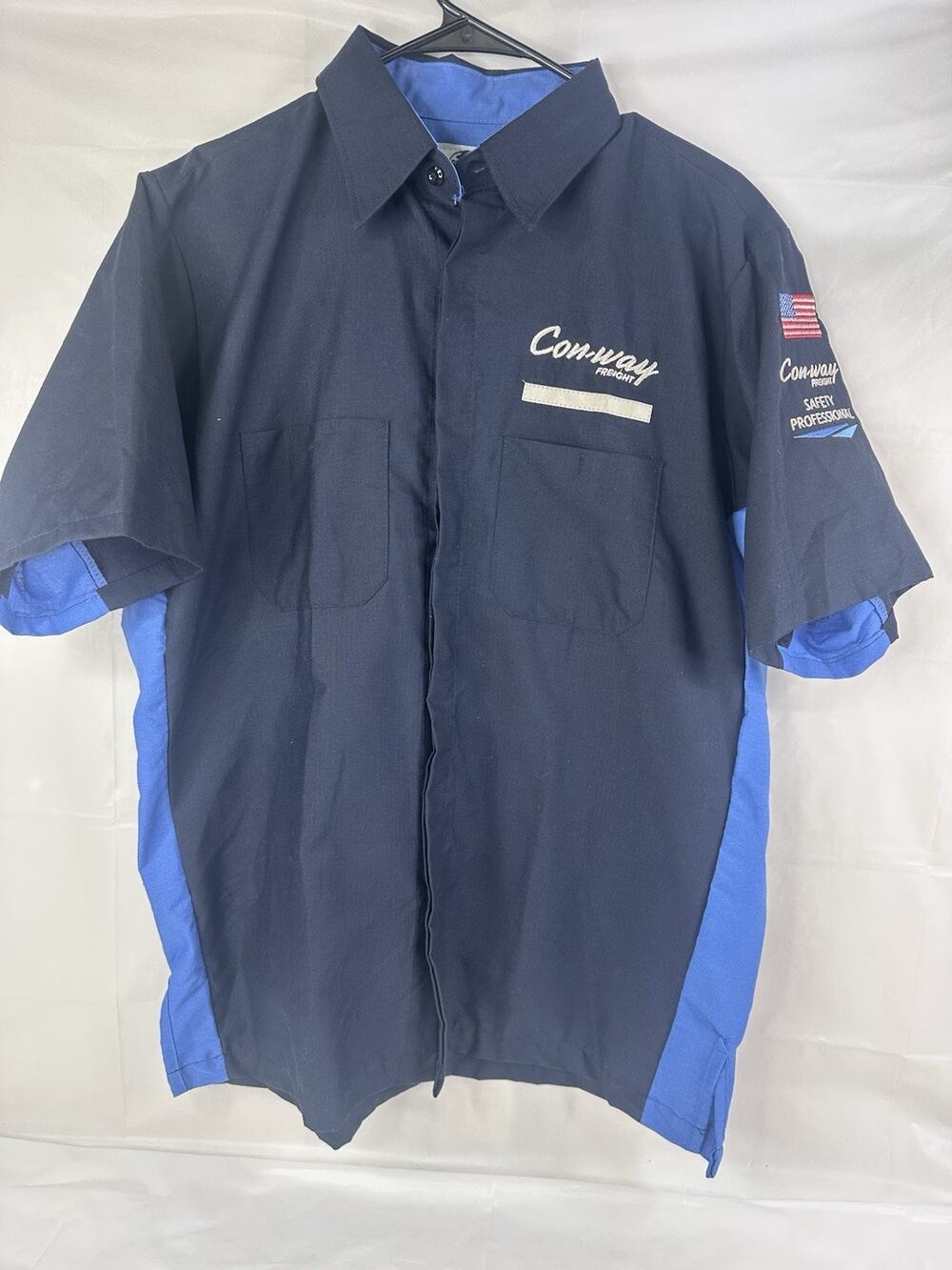 Conway Freight Blue Button Up Mens Work Wear Shirt L Red Kap Reflective Pockets